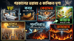 মৃত্যু-কবর-কেয়ামত-হাশর-পুলসিরাত-জান্নাত-জাহান্নাম।